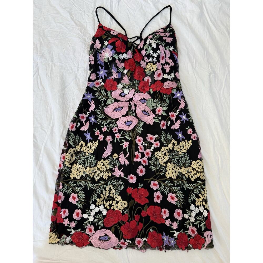 Mac Duggal Black Floral Embroidered Mesh Mini Dress Sweetheart Lace-Up 4 - Picture 2 of 6
